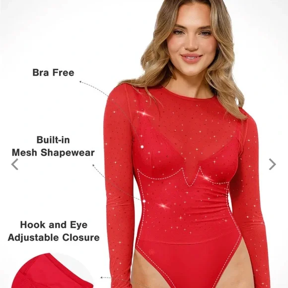 Shapewear Heat-Set Crystal Mesh Long-Sleeve Slimming Bodysuit NWT - Picture 2 of 8